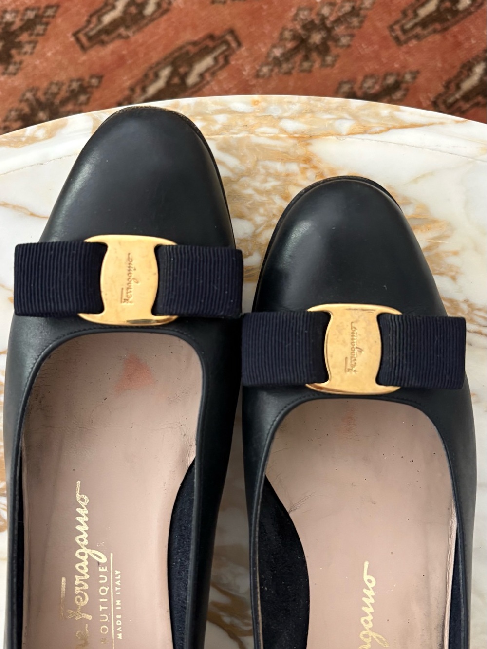 Salvatore Ferragamo Navy Leather Vara Bow Pump